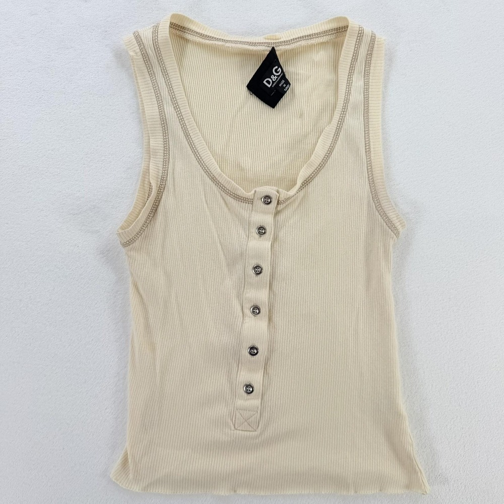 D&G Dolce & Gabbana Tank Top Womens Small Beige Ribbed Henley Jersey Stretch